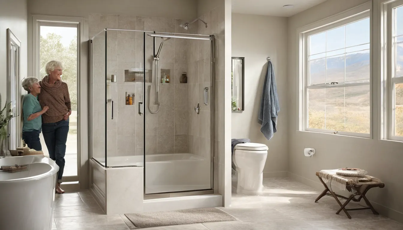 Senior homeowner using a low-threshold walk-in shower with grab bars in a Scandia home